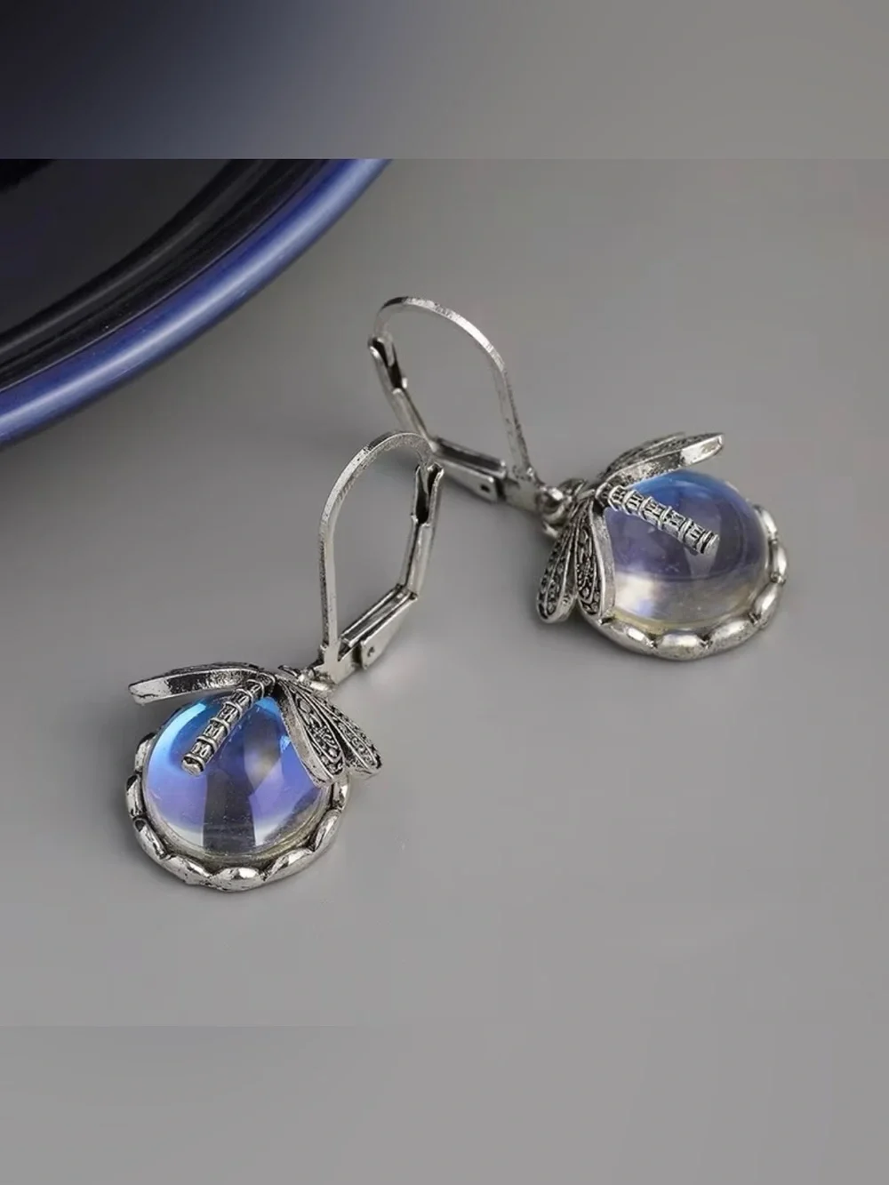 New! Trendy Silver Dragonfly Dangle Earrings with Blue Iridescent Crystal.
